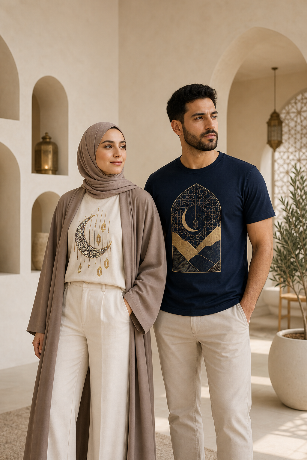 Woman and man wearing faith-inspired graphic tees