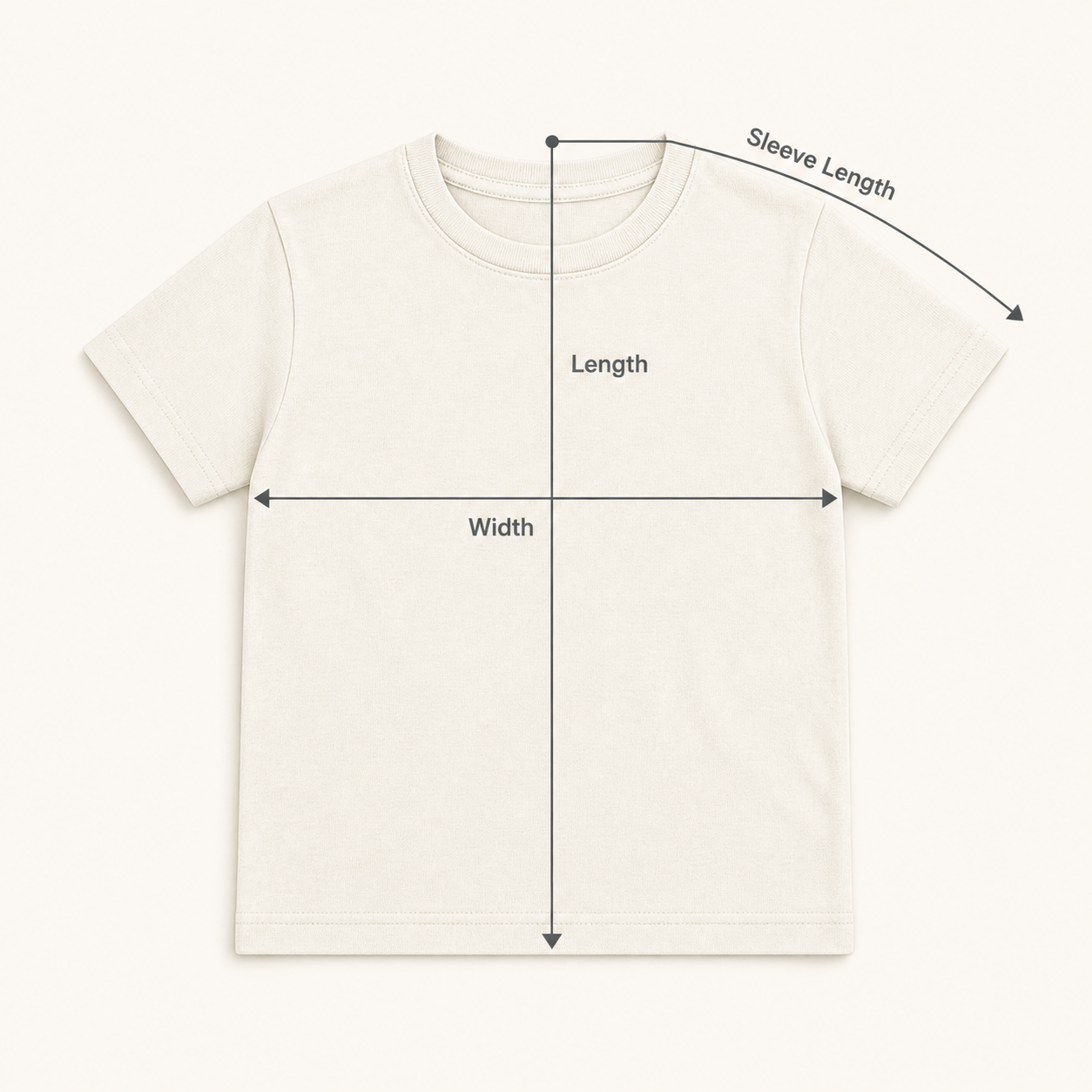 Kids T-shirt measurement guide showing width, length, and sleeve length